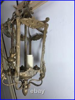 Antique Victorian Brass Six Sided Panel Hanging Pendant Hallway Lamp AS IS