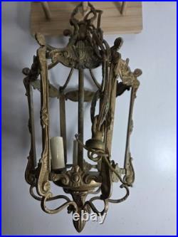 Antique Victorian Brass Six Sided Panel Hanging Pendant Hallway Lamp AS IS