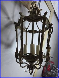 Antique Victorian Brass Six Sided Panel Hanging Pendant Hallway Lamp AS IS