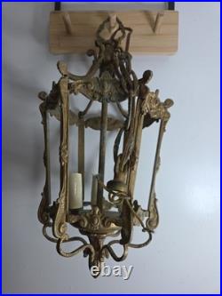 Antique Victorian Brass Six Sided Panel Hanging Pendant Hallway Lamp AS IS