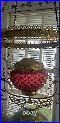 Antique Victorian CRANBERY HANGING OIL LAMP frame withHOBNAIL FONT PARTS