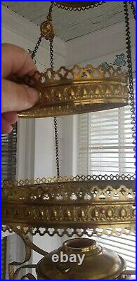 Antique Victorian CRANBERY HANGING OIL LAMP frame withHOBNAIL FONT PARTS