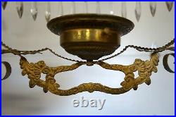 Antique Victorian Hanging Oil Lamp Frame, Chain Retractor & Crystal Teardrops