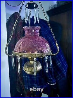 Antique Victorian Hanging Parlor Lamp Cranberry Pigeon Glass. Electrified