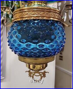 Antique Victorian Hanging Parlor Oil Lamp Blue Hobnail Shade, Font, Chimney Rare