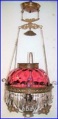 Antique Victorian Hanging Parlor Oil Lamp Cranberry Bullseye Shade Jewel Frame