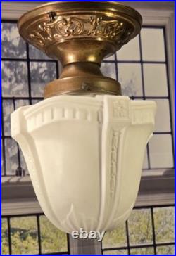 Antique Victorian Home Foyer Pendant Hall Ceiling Light Fixture Brass Glass