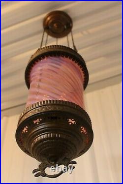 Antique Victorian Parlor Hanging Oil Lamp With Swirl Cranbery Opalescent Shade