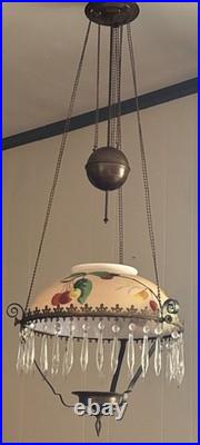 Antique Victorian Parlor Pull Down Hanging Oil Lamp Retractable & Crystals NICE