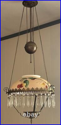 Antique Victorian Parlor Pull Down Hanging Oil Lamp Retractable & Crystals NICE