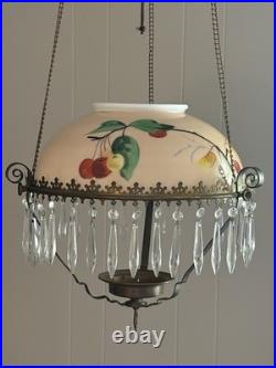 Antique Victorian Parlor Pull Down Hanging Oil Lamp Retractable & Crystals NICE