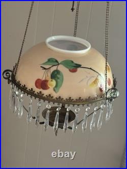 Antique Victorian Parlor Pull Down Hanging Oil Lamp Retractable & Crystals NICE