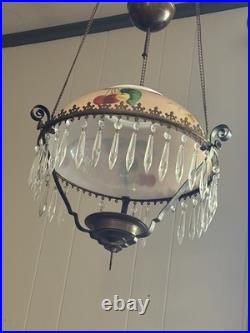 Antique Victorian Parlor Pull Down Hanging Oil Lamp Retractable & Crystals NICE