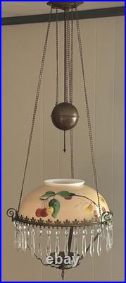 Antique Victorian Parlor Pull Down Hanging Oil Lamp Retractable & Crystals NICE