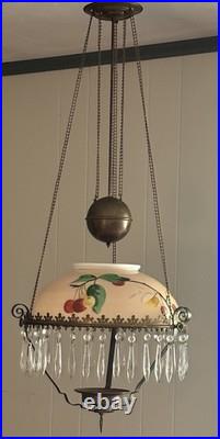 Antique Victorian Parlor Pull Down Hanging Oil Lamp Retractable & Crystals NICE