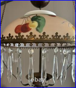 Antique Victorian Parlor Pull Down Hanging Oil Lamp Retractable & Crystals NICE