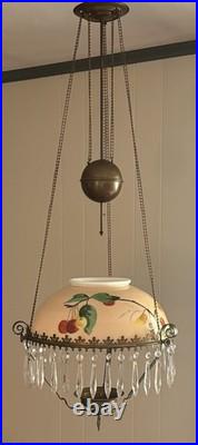 Antique Victorian Parlor Pull Down Hanging Oil Lamp Retractable & Crystals NICE