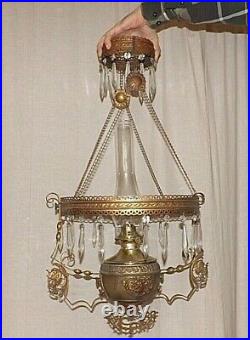 Antique Victorian Vintage Hanging Oil Lamp with Clear Crystal Prisms No Shade