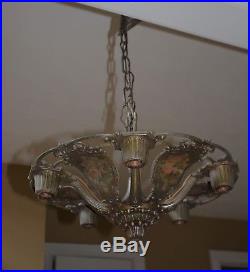Antique Vintage Cast Metal 4 Light Hanging Lamp Light Chandelier Art Deco