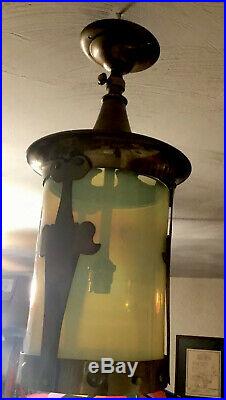 Antique Vintage Ceiling Lamp Hanging Pendant Brass Blue Glass Gothic Art Deco