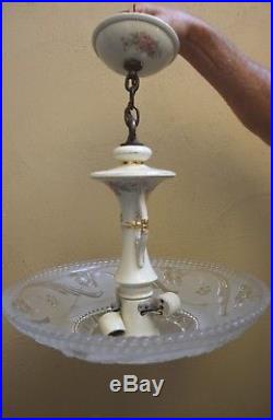 Antique Vintage Ceramic and Pressed Glass Light Hanging Lamp Light Chandelier