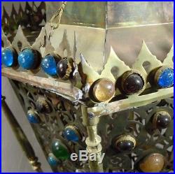 Antique Vintage Large Jeweled Brass Hanging Lamp 27