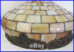 Antique Vintage Leaded Stained Glass Hanging Light Shade with Red Glass Metal Rim