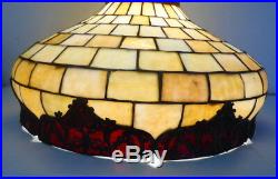 Antique Vintage Leaded Stained Glass Hanging Light Shade with Red Glass Metal Rim