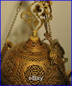 Antique Vintage Moroccan Hanging Lamp Lantern Pierced Metal Electric Bulb Light