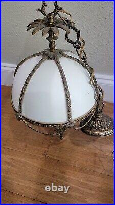 Antique Vintage Slag Glass Hanging Pendant Light Fixture Lamp White Brass Lamp