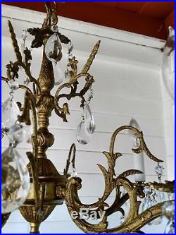 Antique Vintage Spanish Crystal Ornate 5 arm Brass Chandelier Hanging Lamp