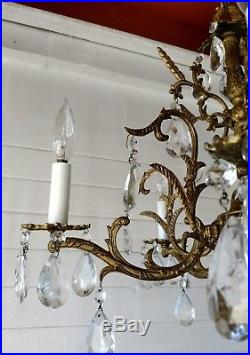 Antique Vintage Spanish Crystal Ornate 5 arm Brass Chandelier Hanging Lamp