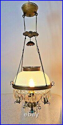 Antique Vintage Victorian Hanging Parlor Library Lamp Rare Opalescent Lampshade