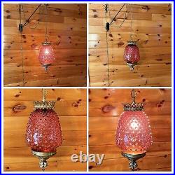 Antique/Vintage Victorian Red Cranberry Hobnail Glass Hanging Swag Lamp Light