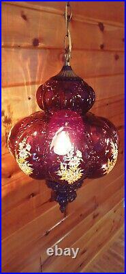 Antique/Vtg 60s-70s MCM Retro Purple/Plum Glass Hanging Swag Light lamp Fixture