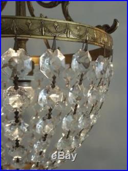 Antique Vtg Brass & Czech Crystal Bag Basket Xtra Petite Chandelier Hanging Lamp