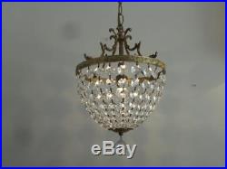 Antique Vtg Brass & Czech Crystal Bag Basket Xtra Petite Chandelier Hanging Lamp