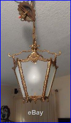 Antique Vtg Brass Etched Frosted Star Glass Chandelier Lantern Hall Hanging Lamp