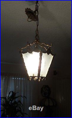 Antique Vtg Brass Etched Frosted Star Glass Chandelier Lantern Hall Hanging Lamp