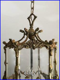 Antique Vtg European Brass & Plexi Glass Petite Lantern Chandelier Hanging Lamp
