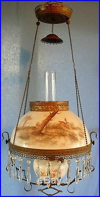 Antique Vtg Hand Painted Farm Hanging Parlor Chandelier Oil Lamp Prisms Pull