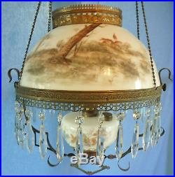 Antique Vtg Hand Painted Farm Hanging Parlor Chandelier Oil Lamp Prisms Pull