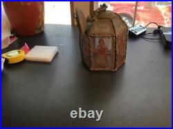 Antique hanging electric light with hand-painted glass, German