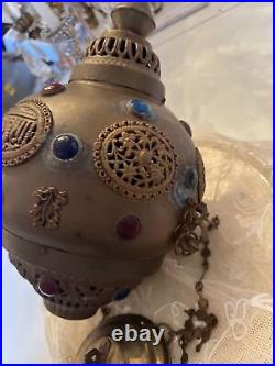 Antique vtg jeweled lantern incense Moroccan metal style lamp hanging