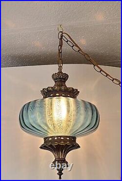 BLUE Saucer Falkenstein Vintage Glass Hanging Light Swag Lamp Globe Retro