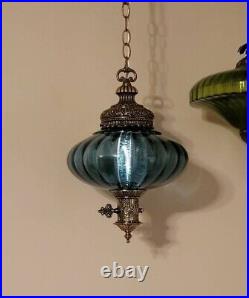 BLUE Vintage Glass Hanging Light Swag Lamp Retro Antique Saucer Mid Century