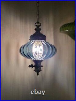BLUE Vintage Glass Hanging Light Swag Lamp Retro Antique Saucer Mid Century