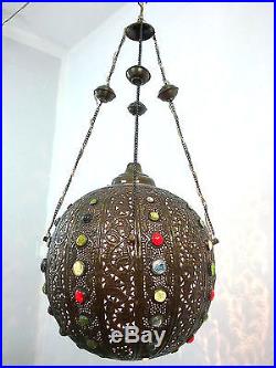 BR258 Vintage Handmade Jeweled Moroccan Large Brass Ball hanging Lamp / Light