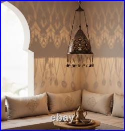 BR82 Vintage Brass Pendant Lamp Pierced Colored Glass Cabochons & Chain Fringe