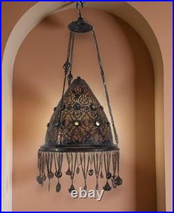 BR82 Vintage Brass Pendant Lamp Pierced Colored Glass Cabochons & Chain Fringe